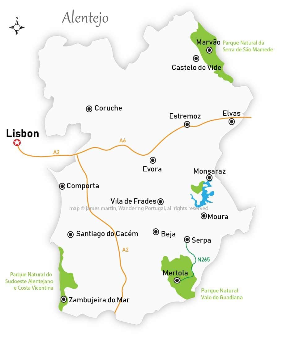 Karte der region Alentejo in Portugal