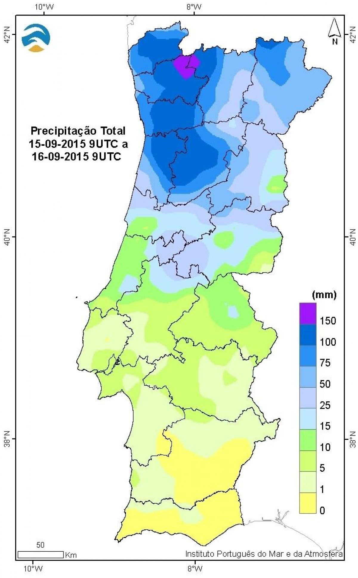 Karte von Portugal mit Regen
